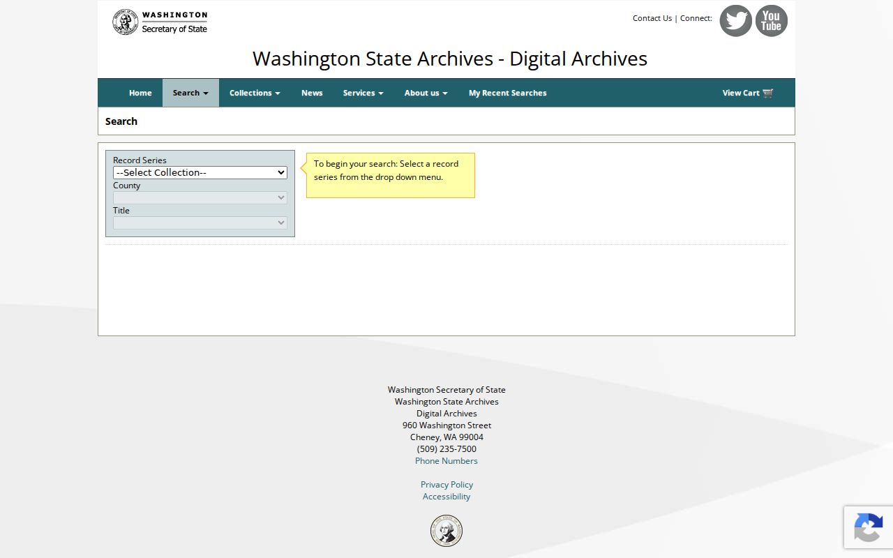 Washington State Digital Archives search controls for record series county and title