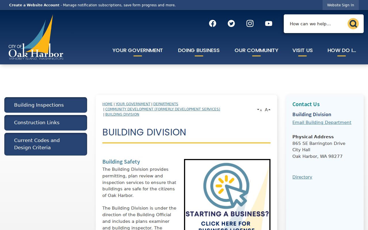 Oak Harbor Building Division page used to date changes in an address history