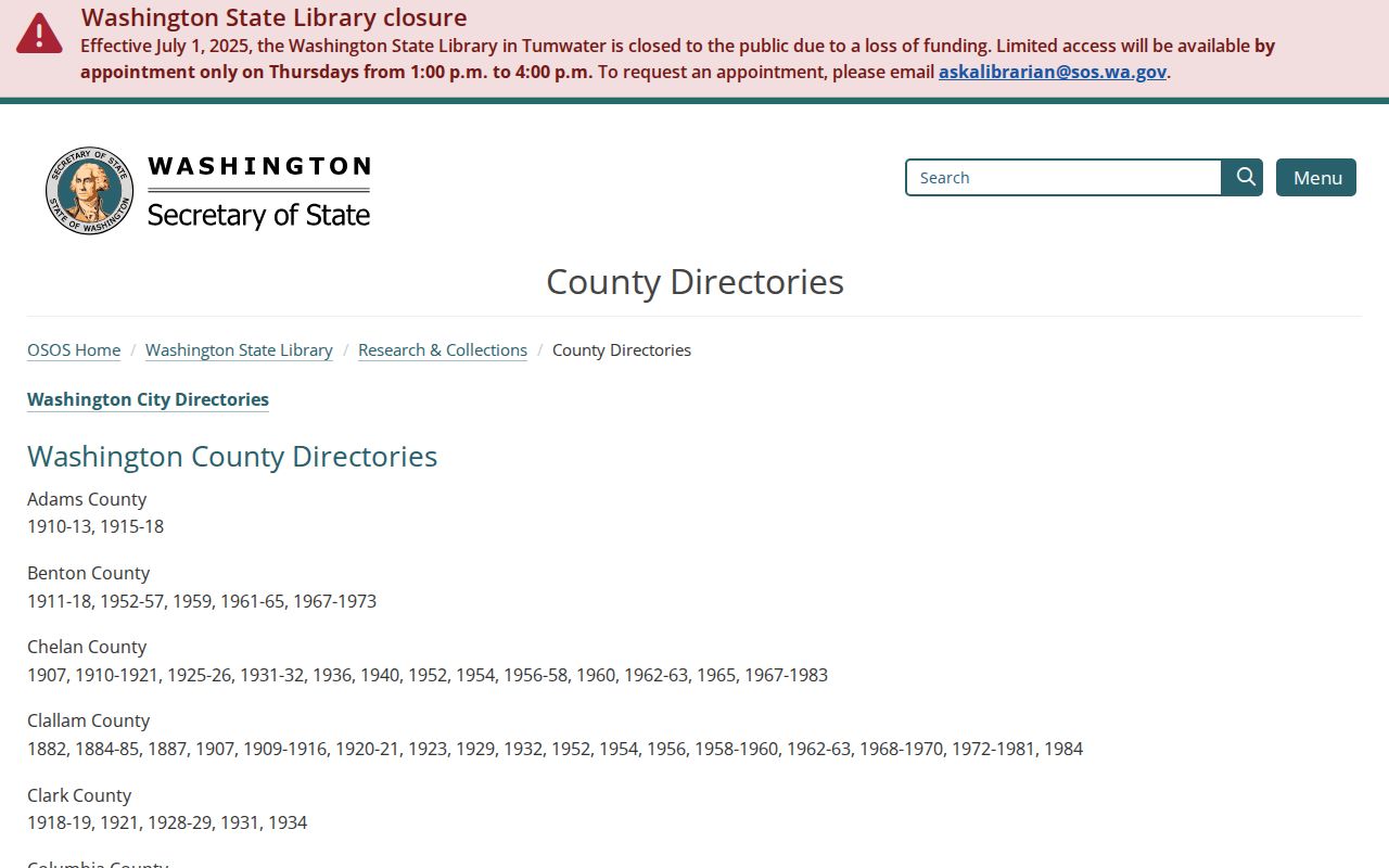 Washington State Library county directory holdings listing Island County historical volumes