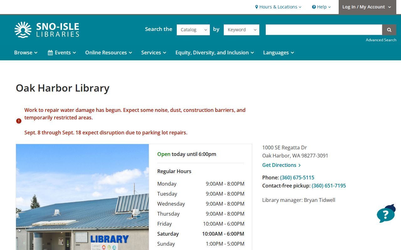Oak Harbor Library location page with branch services and hours
