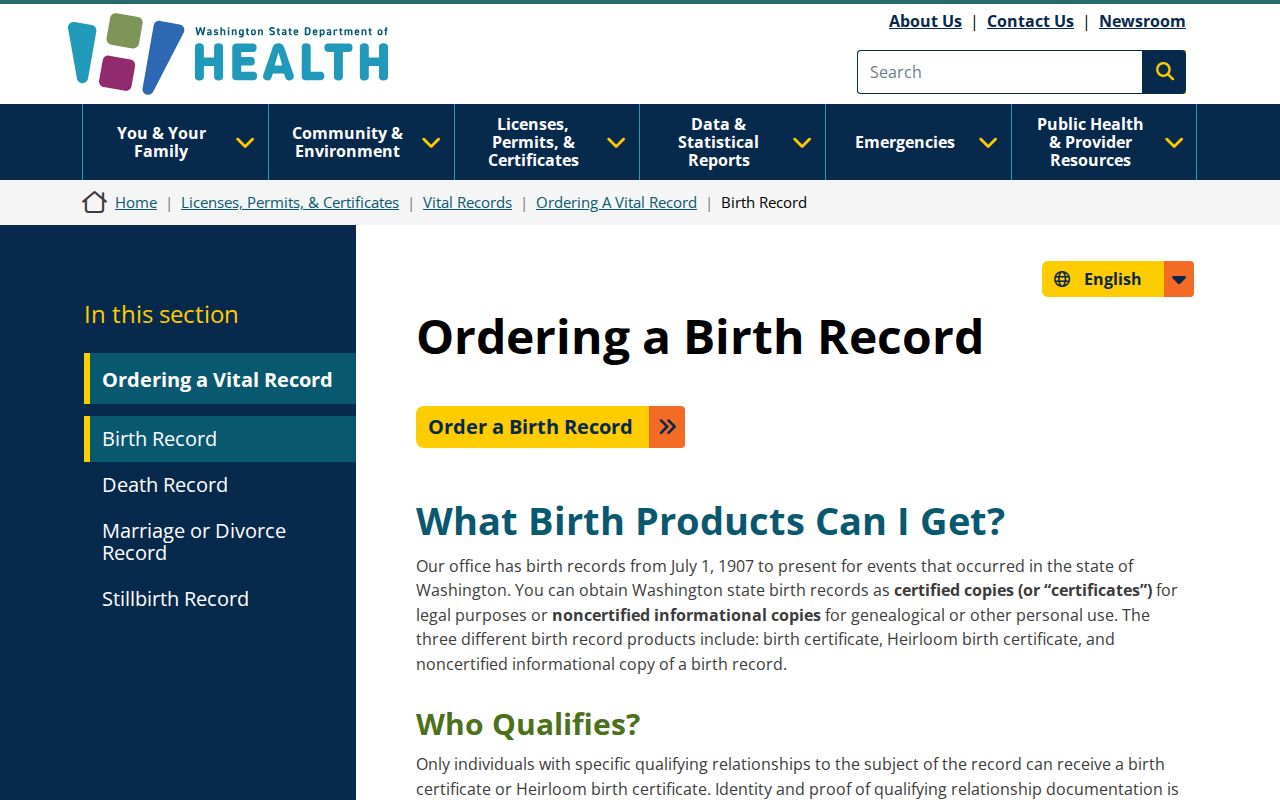 Washington Department of Health birth record ordering page for Oak Harbor research